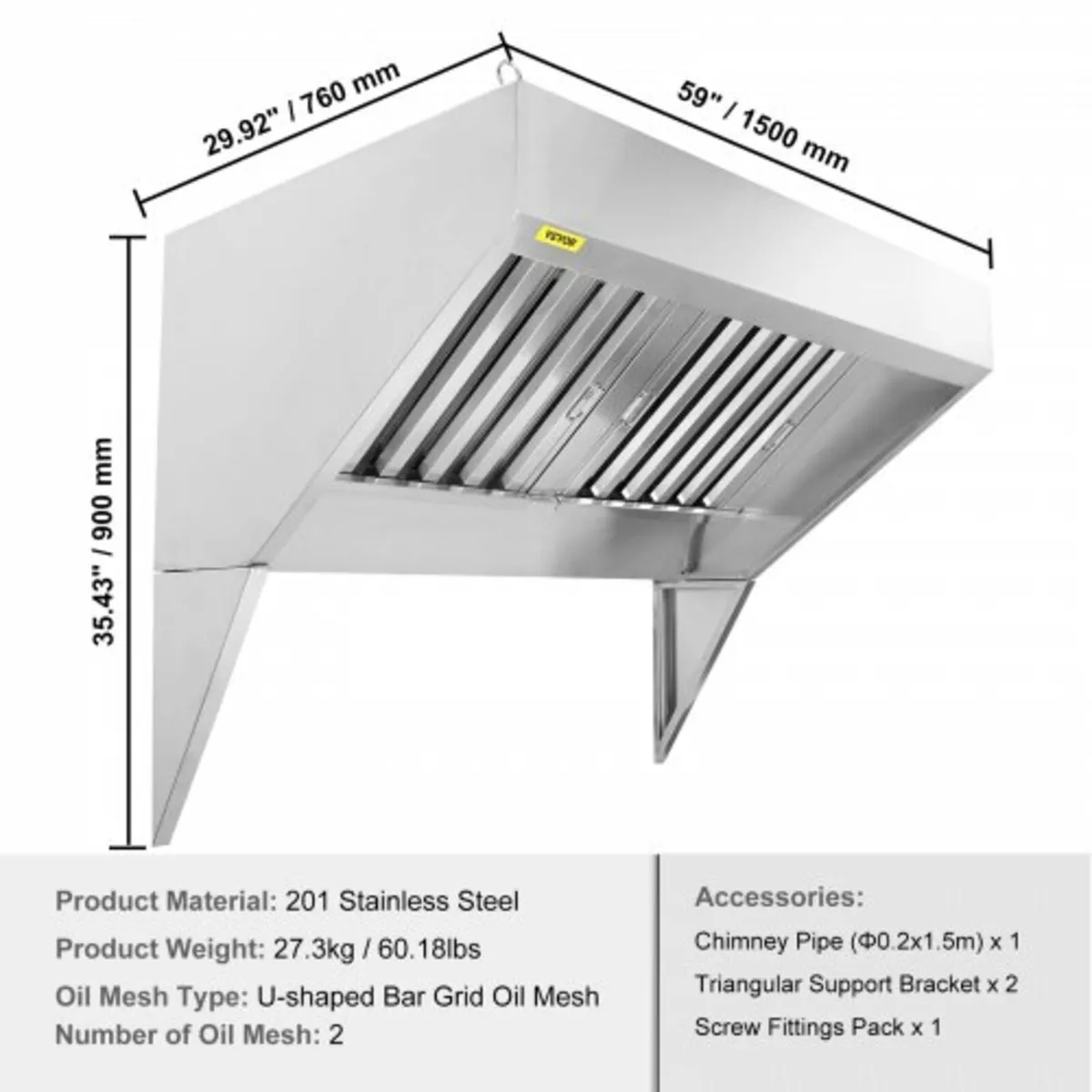 Commercial Exhaust Hood, 1.5 m Food Truck Hood Exh - Image 3