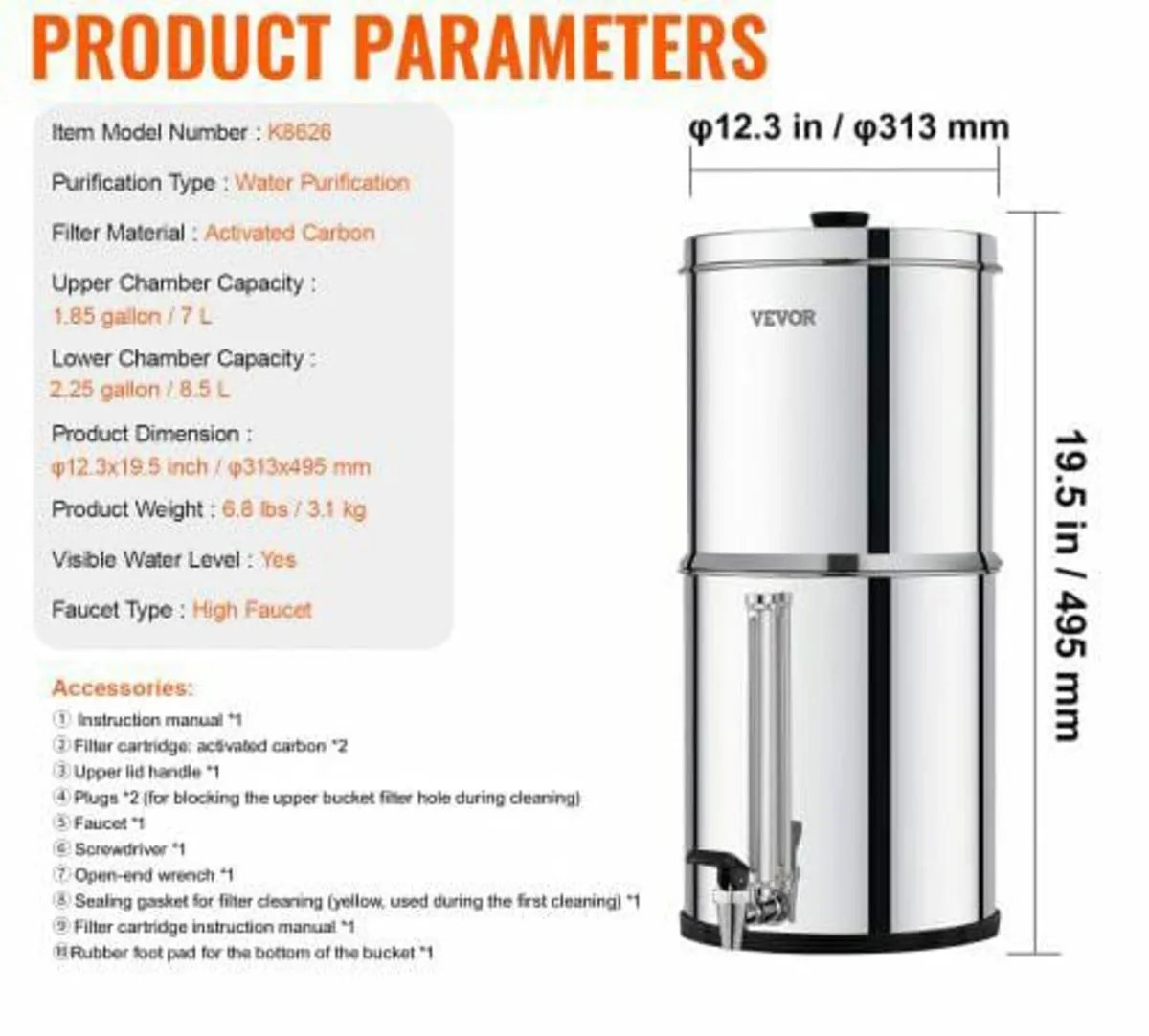 Gravity-fed Water Filter System, 2.25G 304 Stainle - Image 2