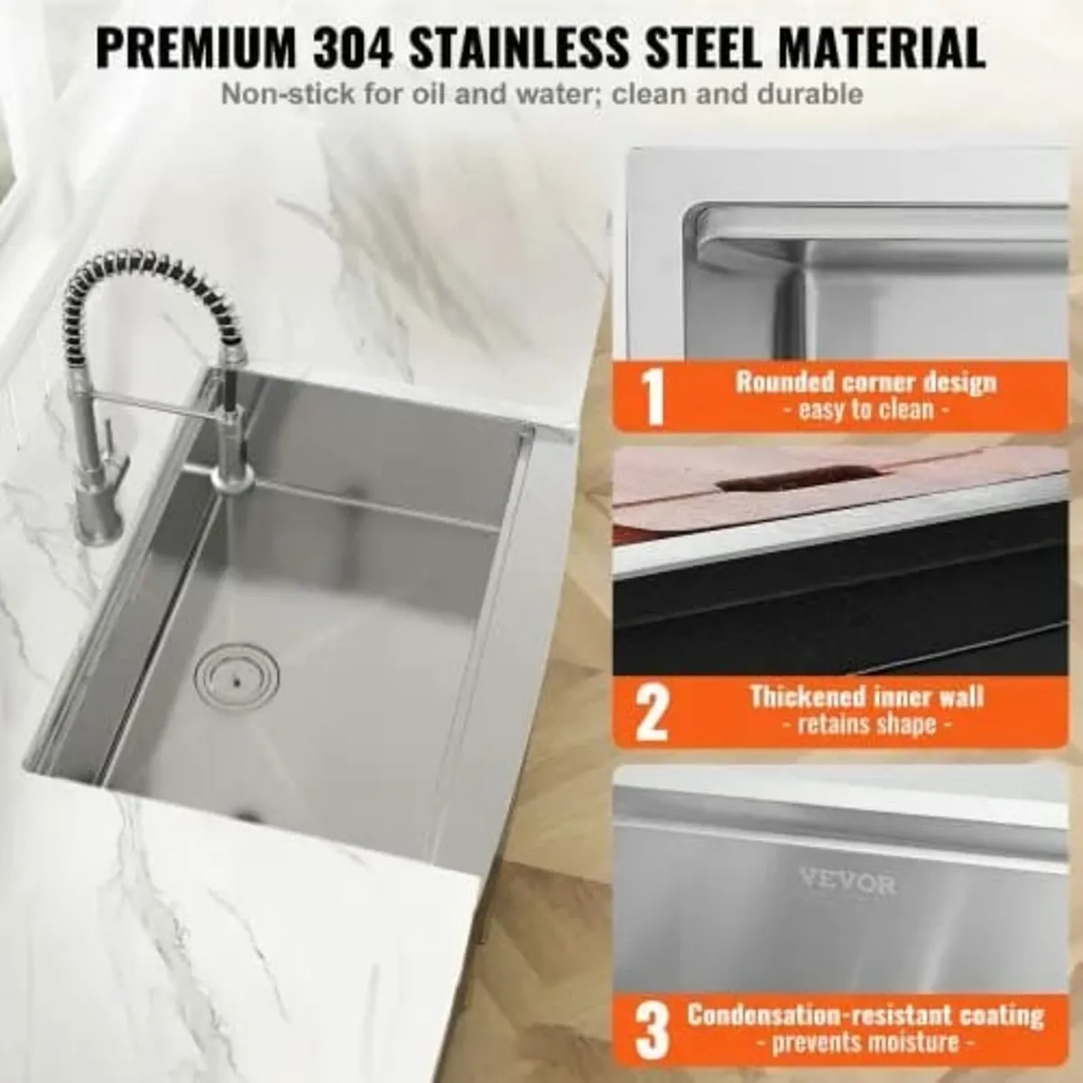Farmhouse Kitchen Sink, 304 Stainless Steel Drop-I - Image 2