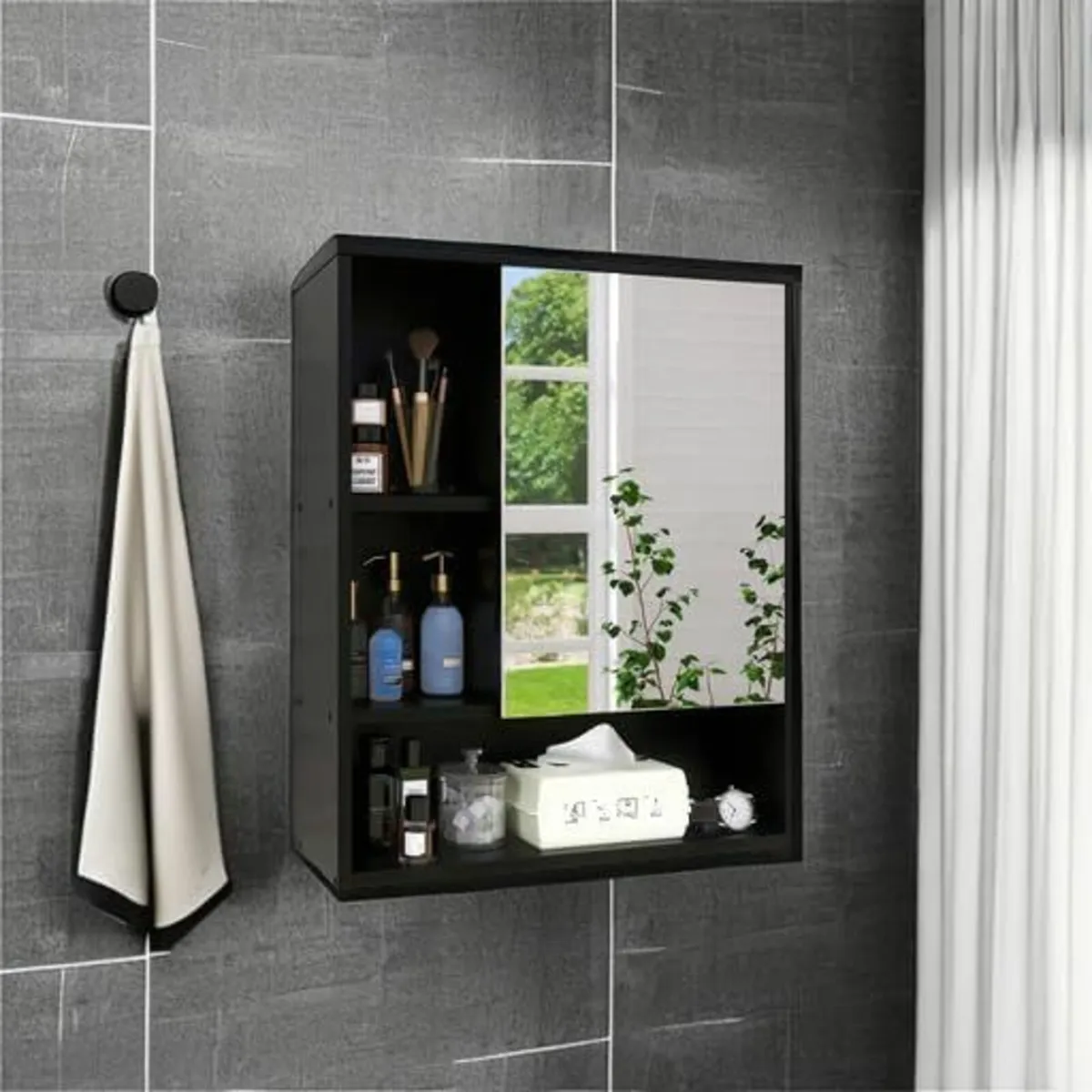 Bathroom Mirror Cabinet Wall Mounted Shelf (Black) - Image 2