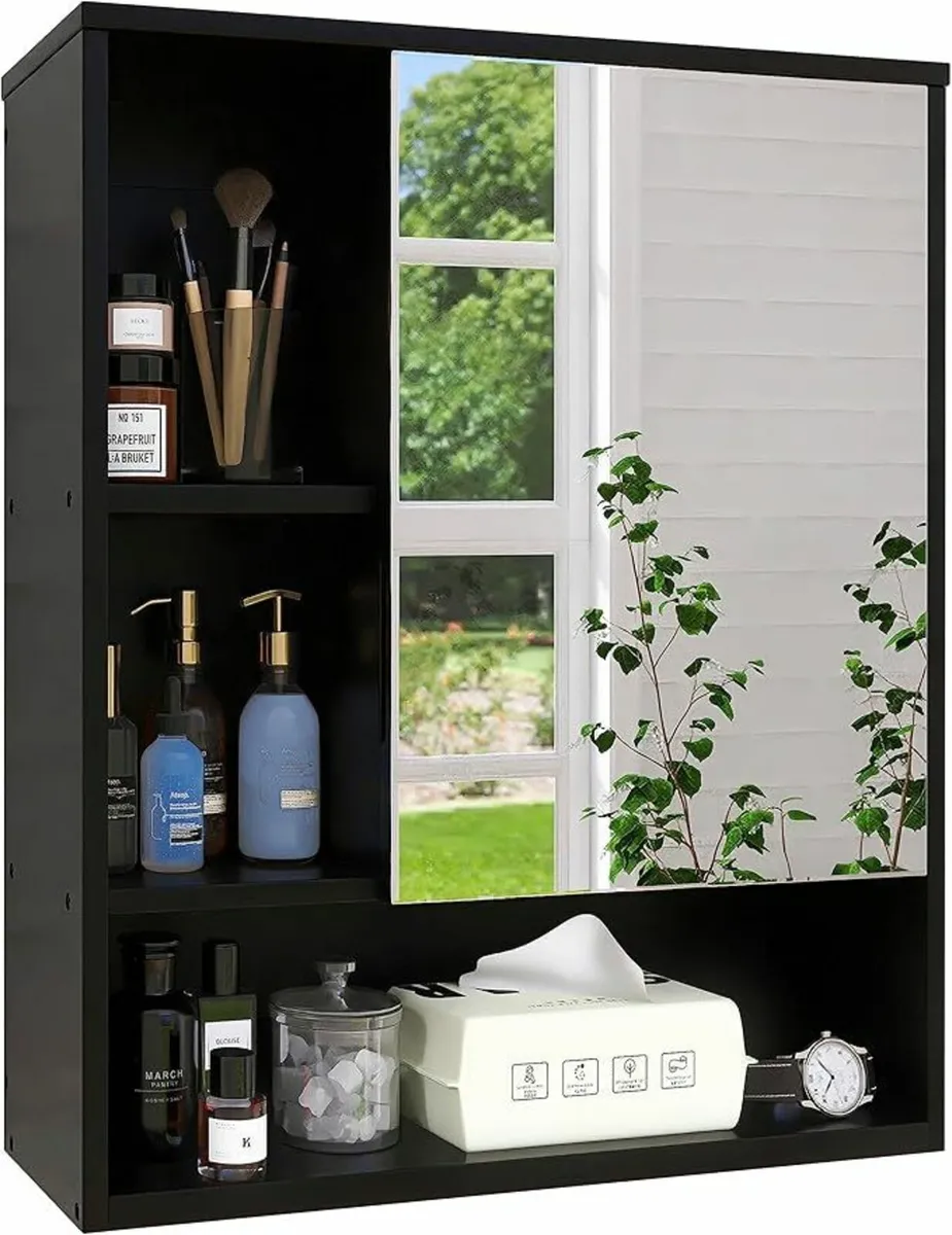 Bathroom Mirror Cabinet Wall Mounted Shelf (Black) - Image 3