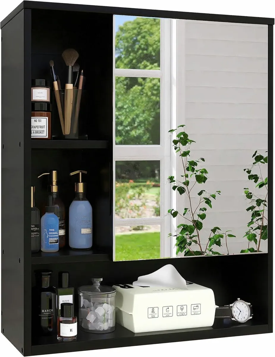 Bathroom Mirror Cabinet Wall Mounted Shelf (Black) - Image 4