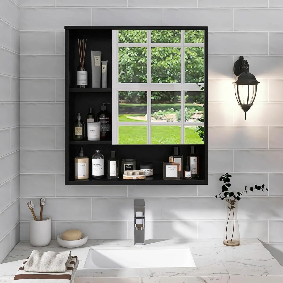 Bathroom Mirror Cabinet Wall Mounted Shelf (Black) - Image 1