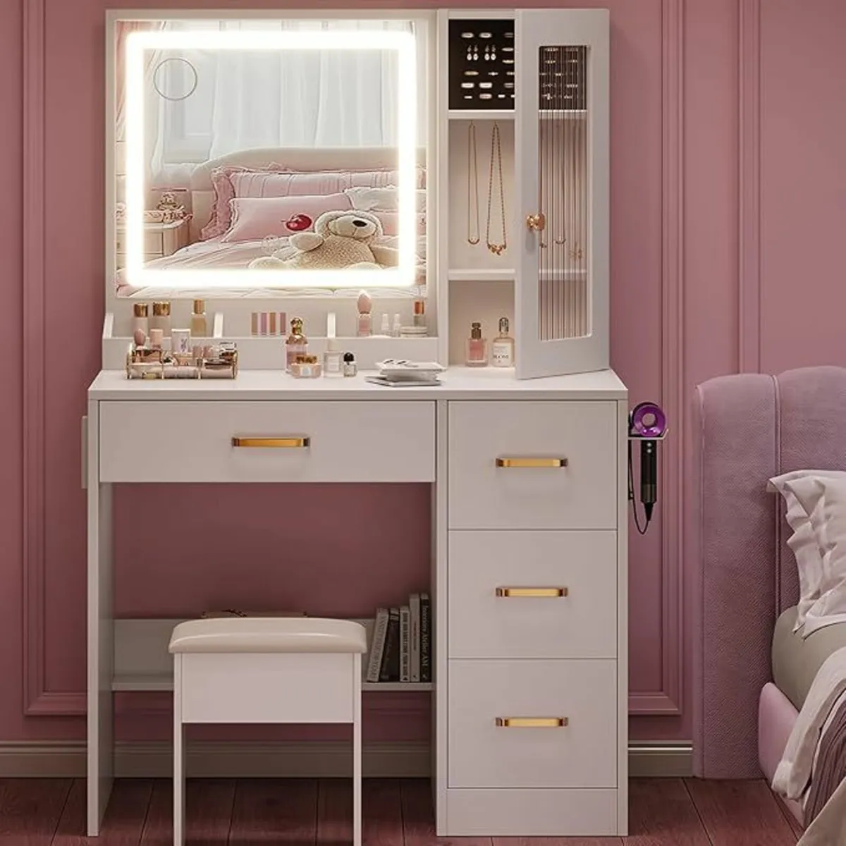 Dressing Table Mirror Stool White Vanity Desk - Image 1