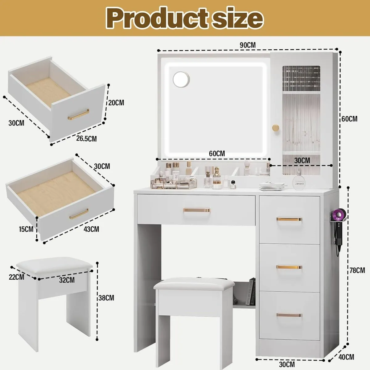 Dressing Table Mirror Stool White Vanity Desk - Image 3