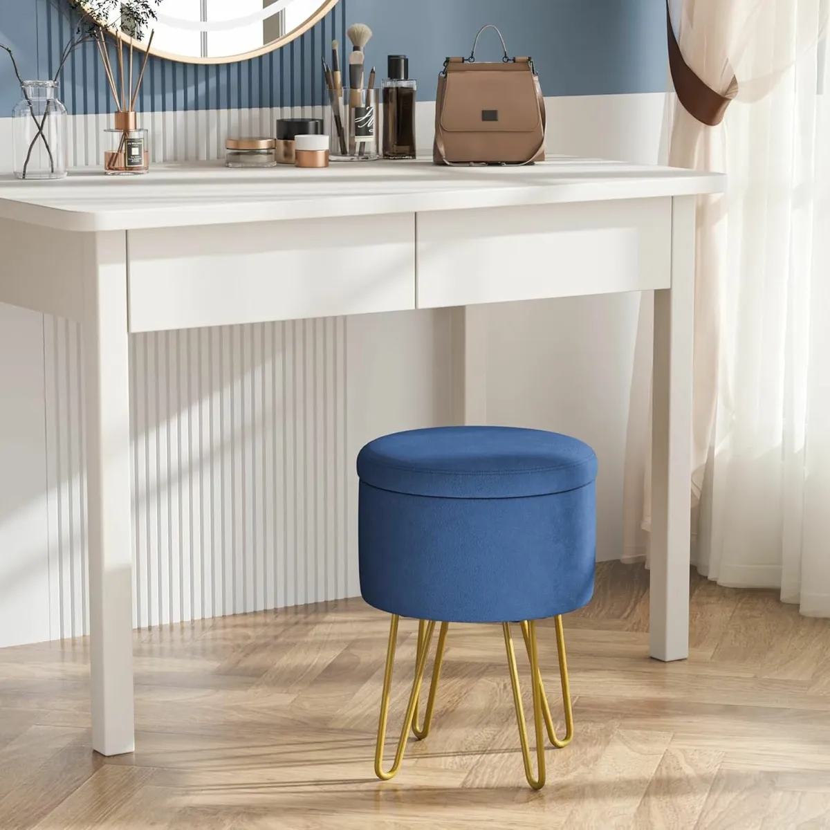 Round Velvet Vanity Stool Storage, Blue - Image 3