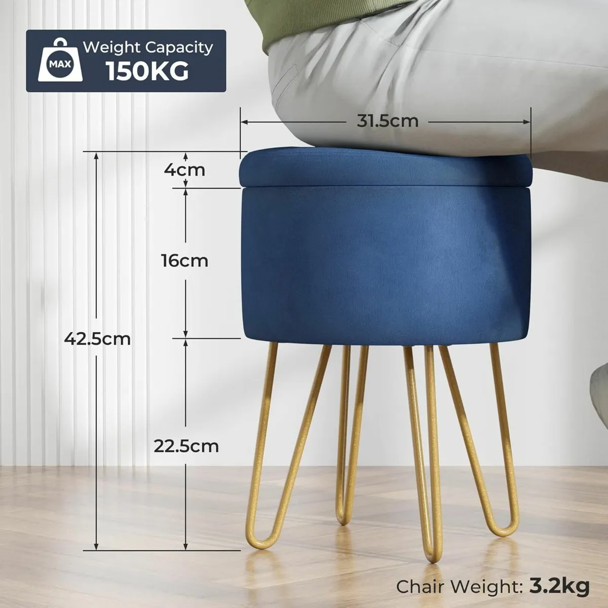 Round Velvet Vanity Stool Storage, Blue - Image 4