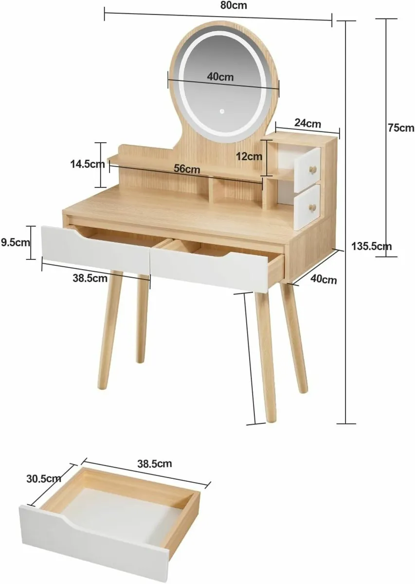 Dressing Table Round Mirror Lights Vanity Desk - Image 3