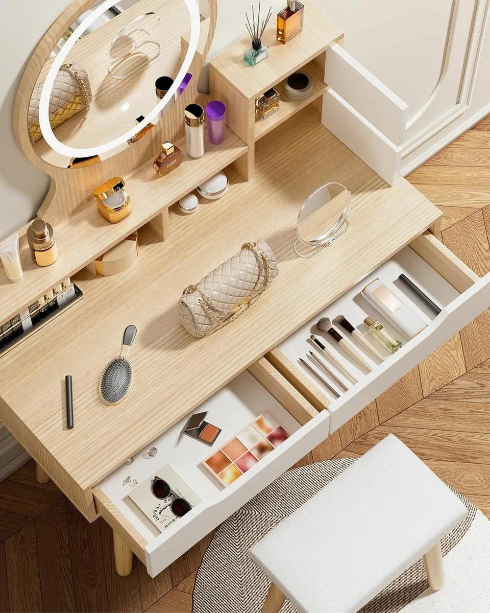 Dressing Table Round Mirror Lights Vanity Desk - Image 1