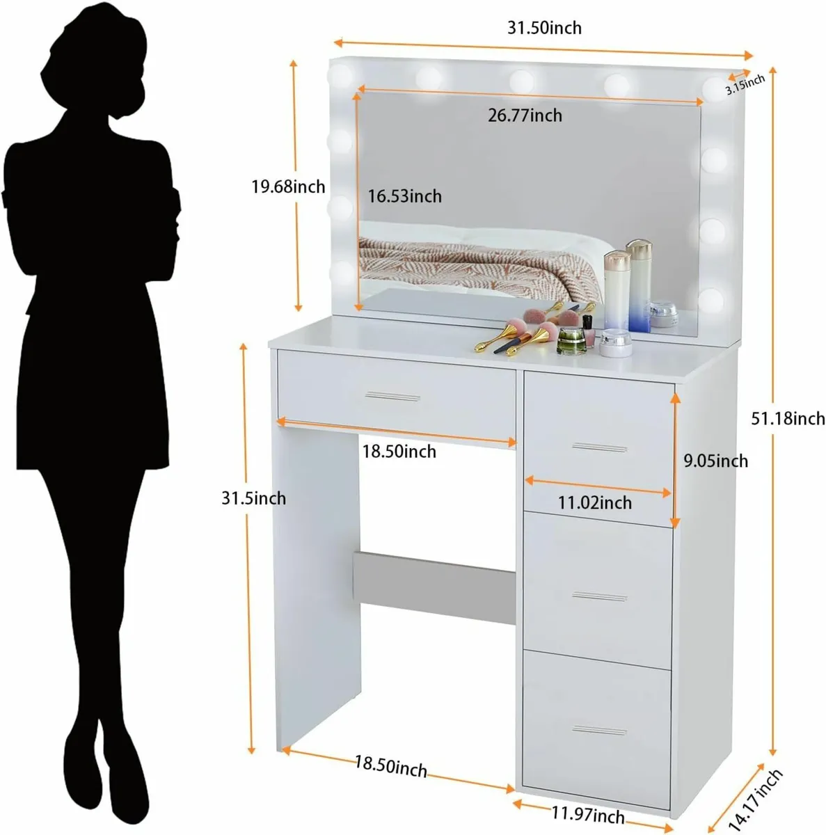 Dressing Table Mirror Lights, 80cm Makeup Table - Image 3
