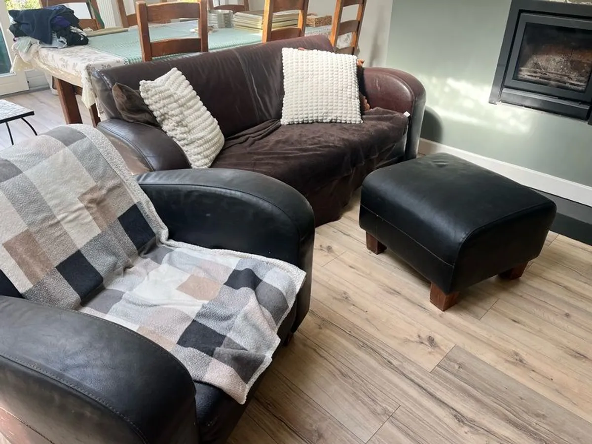 Brown Leather couch chair pouf - Image 1