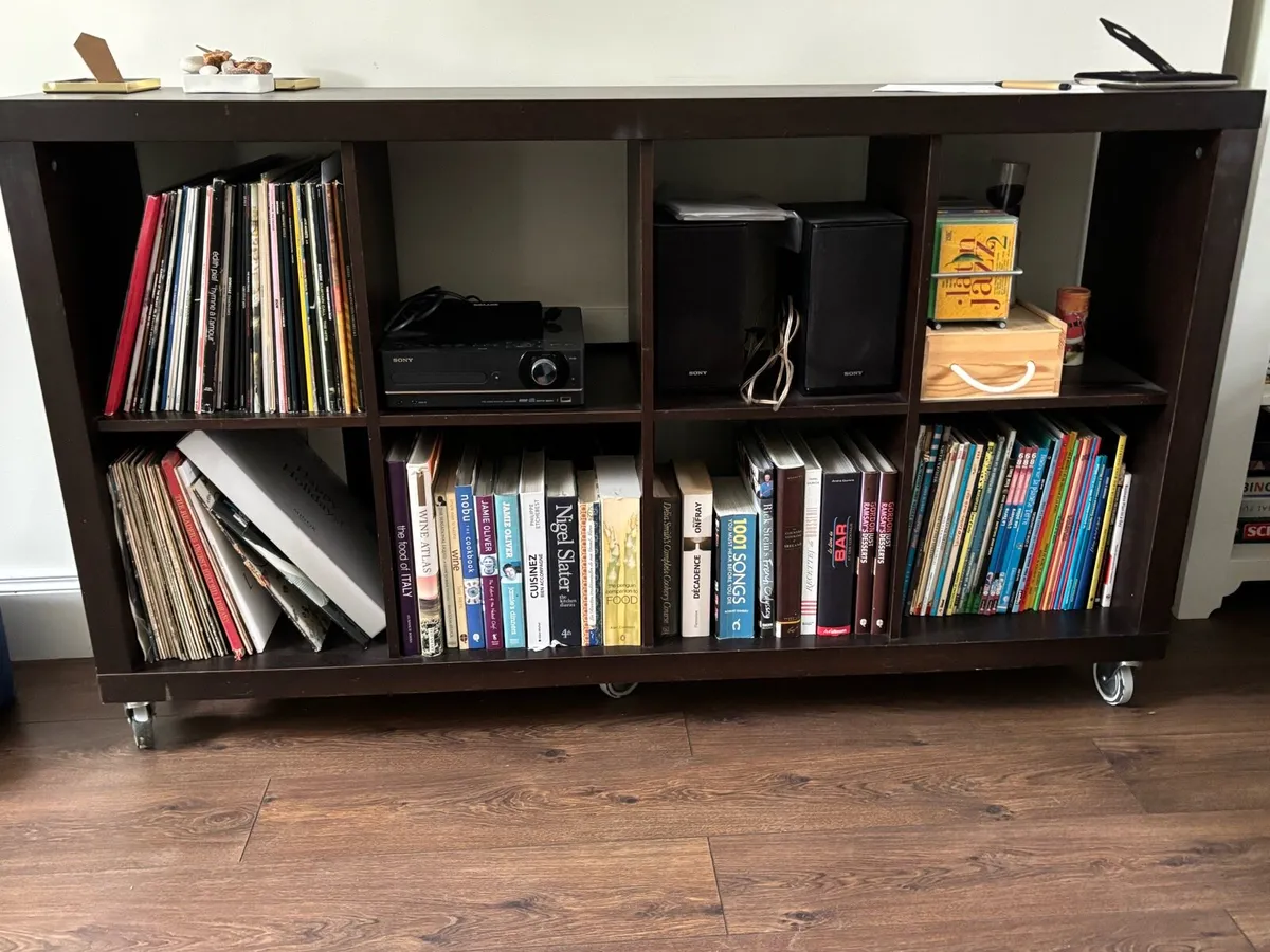Cubed , dark wood , shelving unit on casters - Image 1