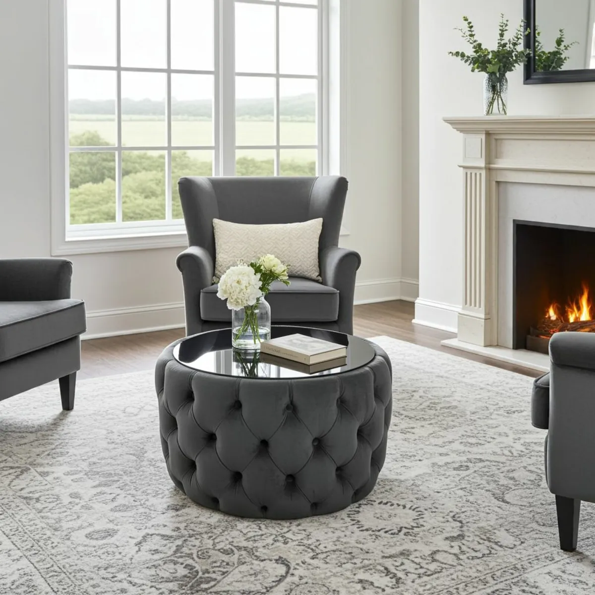 Velvet Button Tufted Round Coffee Table Chester - Image 1