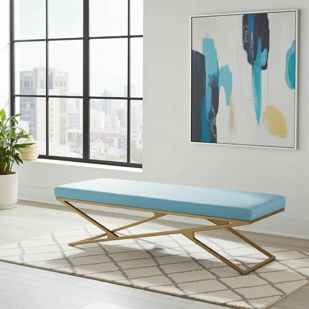 Luxury Velvet Bench – Gold Powder-Coated Metal - Image 3