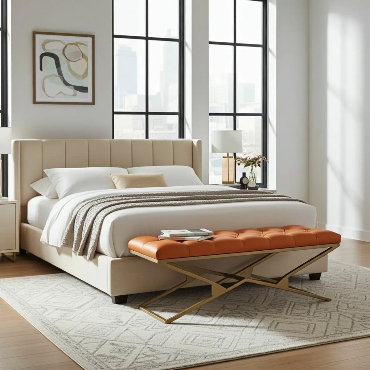 Eco Leather Bench – Gold Powder-Coated Metal - Image 1