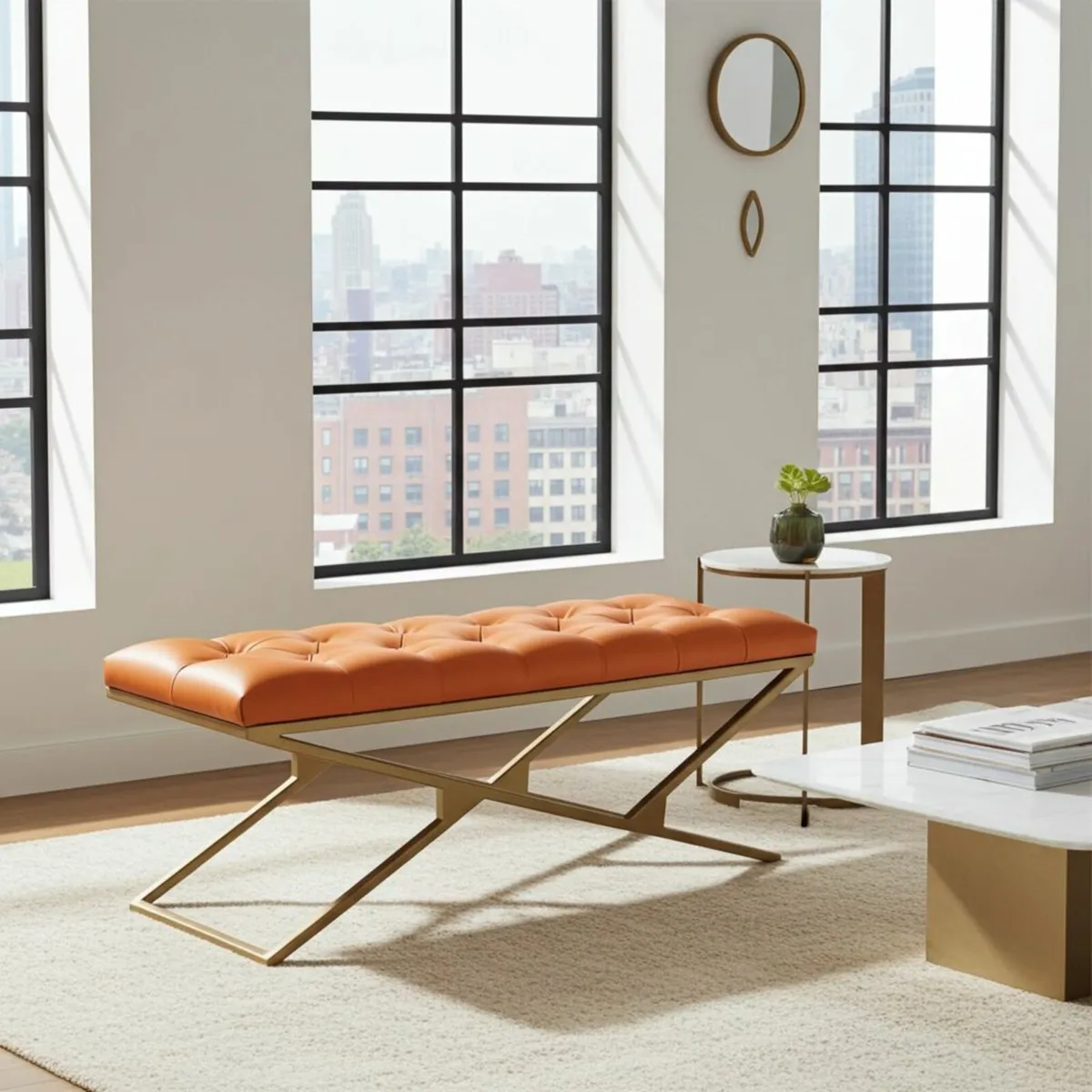 Eco Leather Bench – Gold Powder-Coated Metal - Image 3