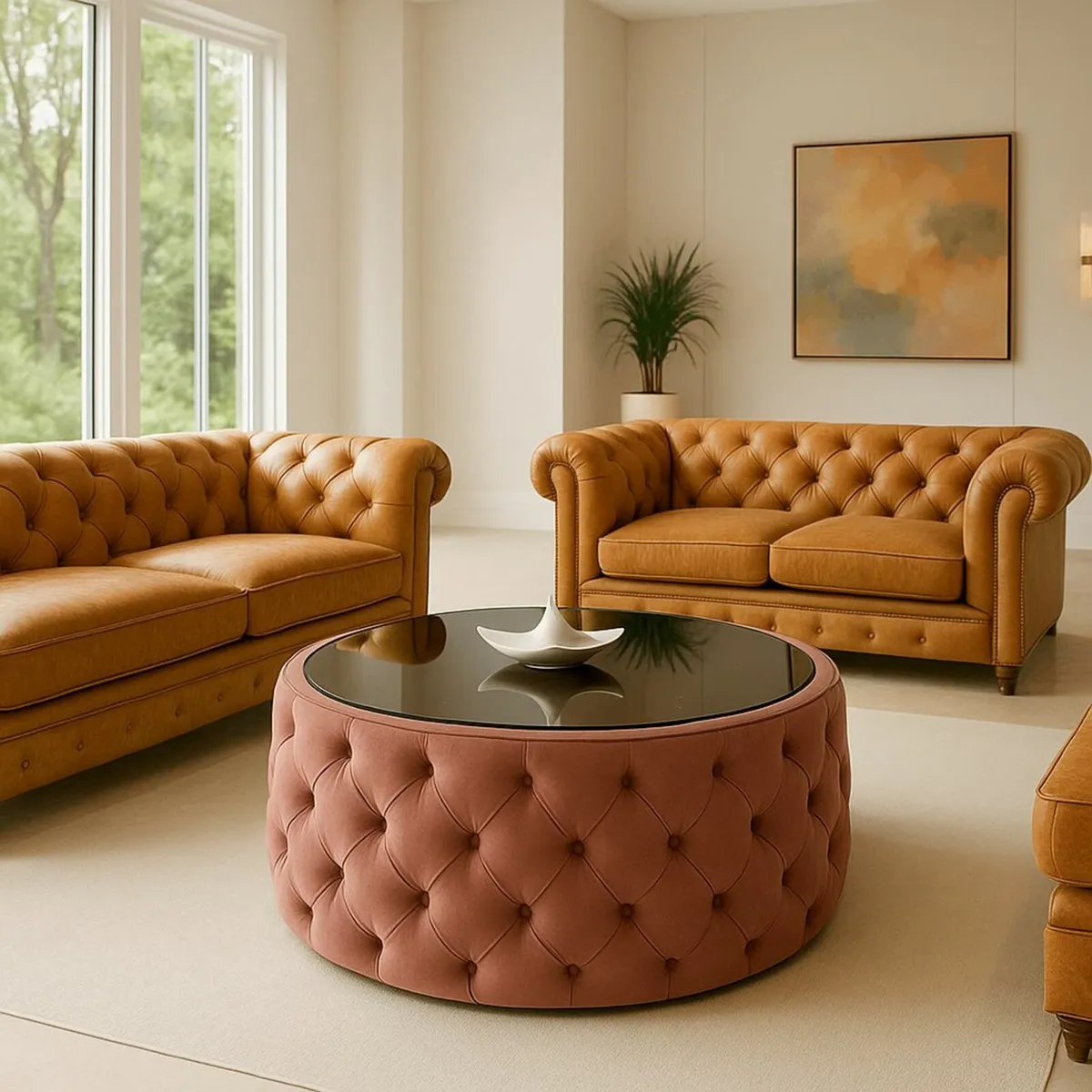 Round Velvet Coffee Table Button-Tufted Chester - Image 3