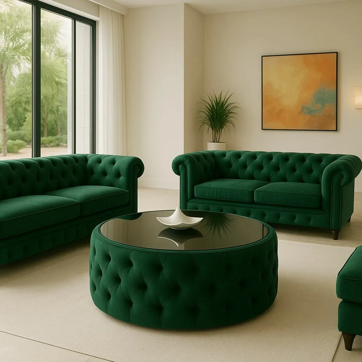 Round Velvet Coffee Table Button-Tufted Chester - Image 2