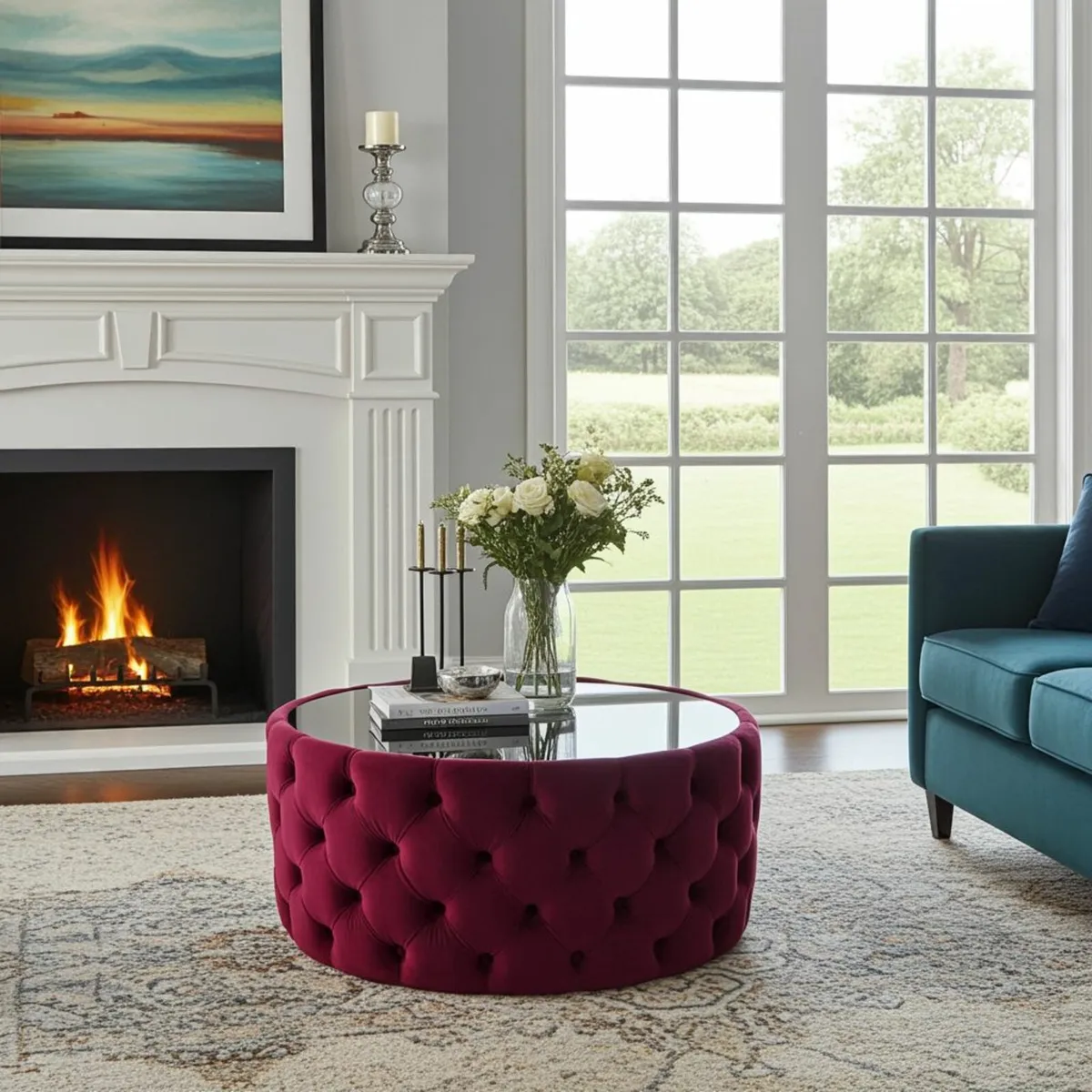 Round Velvet Coffee Table Button-Tufted Chester - Image 4