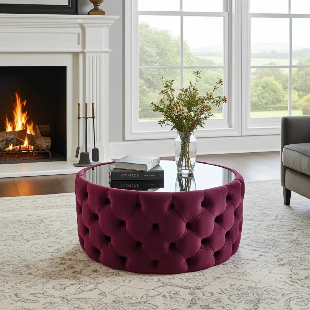 Round Velvet Coffee Table Button-Tufted Chester - Image 1