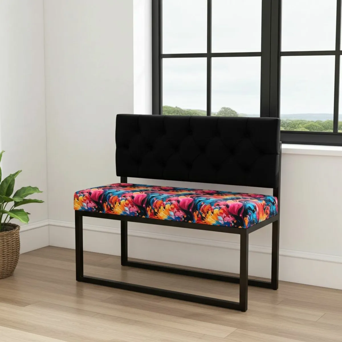 Modern Loft Metal-Framed Bench with Tufted Backres - Image 1