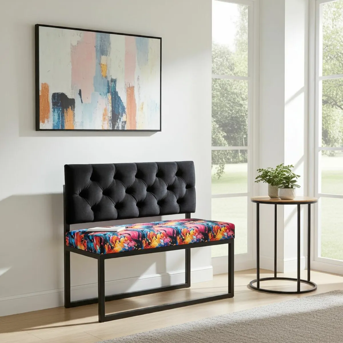 Modern Loft Metal-Framed Bench with Tufted Backres - Image 2