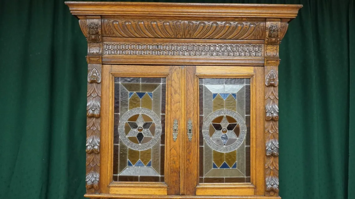 Antique Carved Oak Buffet Cabinet with Leaded Glas - Image 3