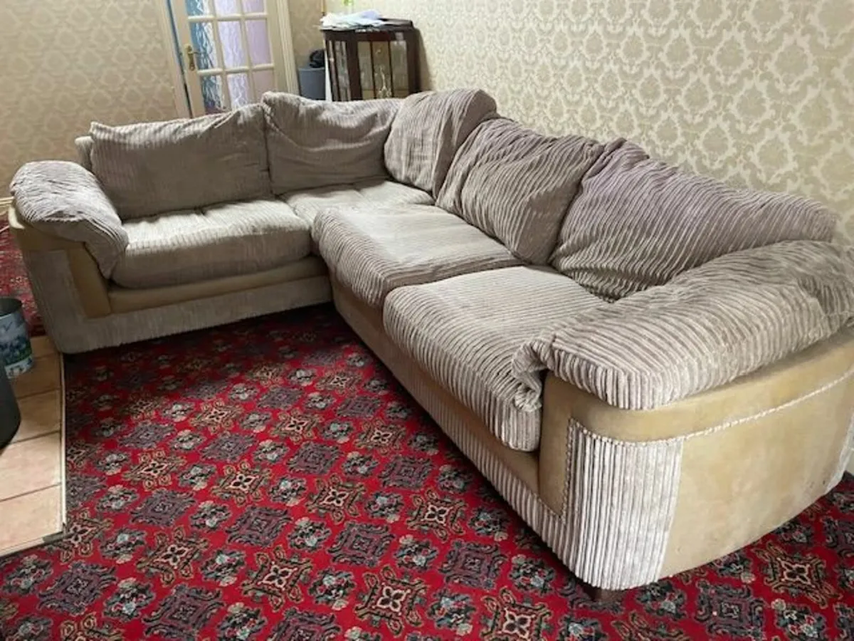 L shaped mocha brown corduroy sofa - Image 1