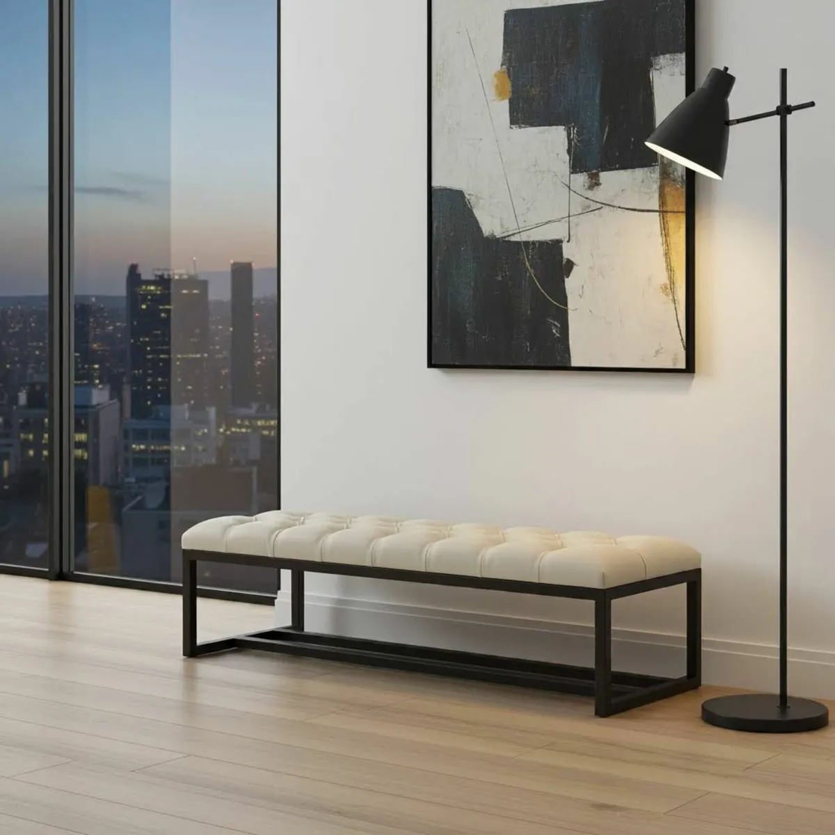 White Tufted Loft Bench 140x40cm – Industrial - Image 1