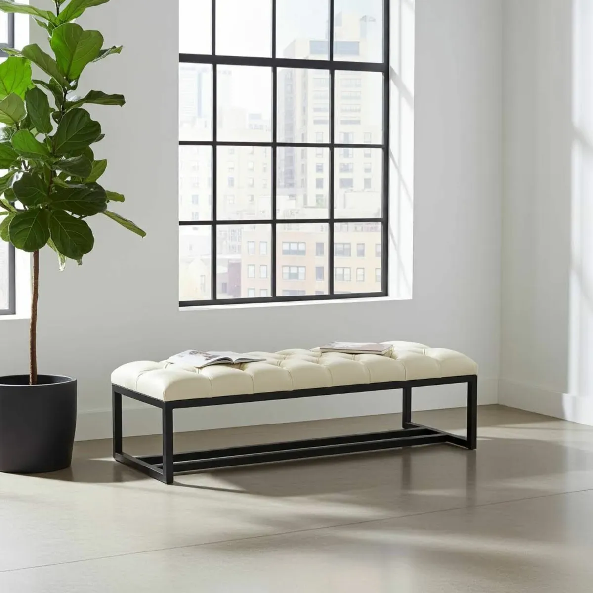 White Tufted Loft Bench 140x40cm – Industrial - Image 2