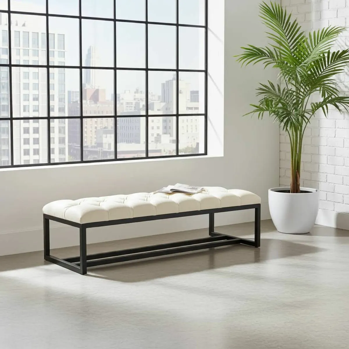 White Tufted Loft Bench 140x40cm – Industrial - Image 3