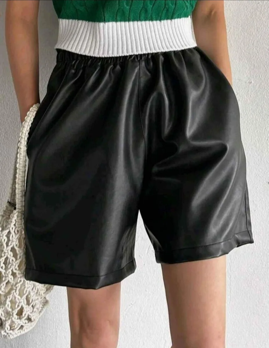 Elastic waist black PU leather shorts size S - Image 1