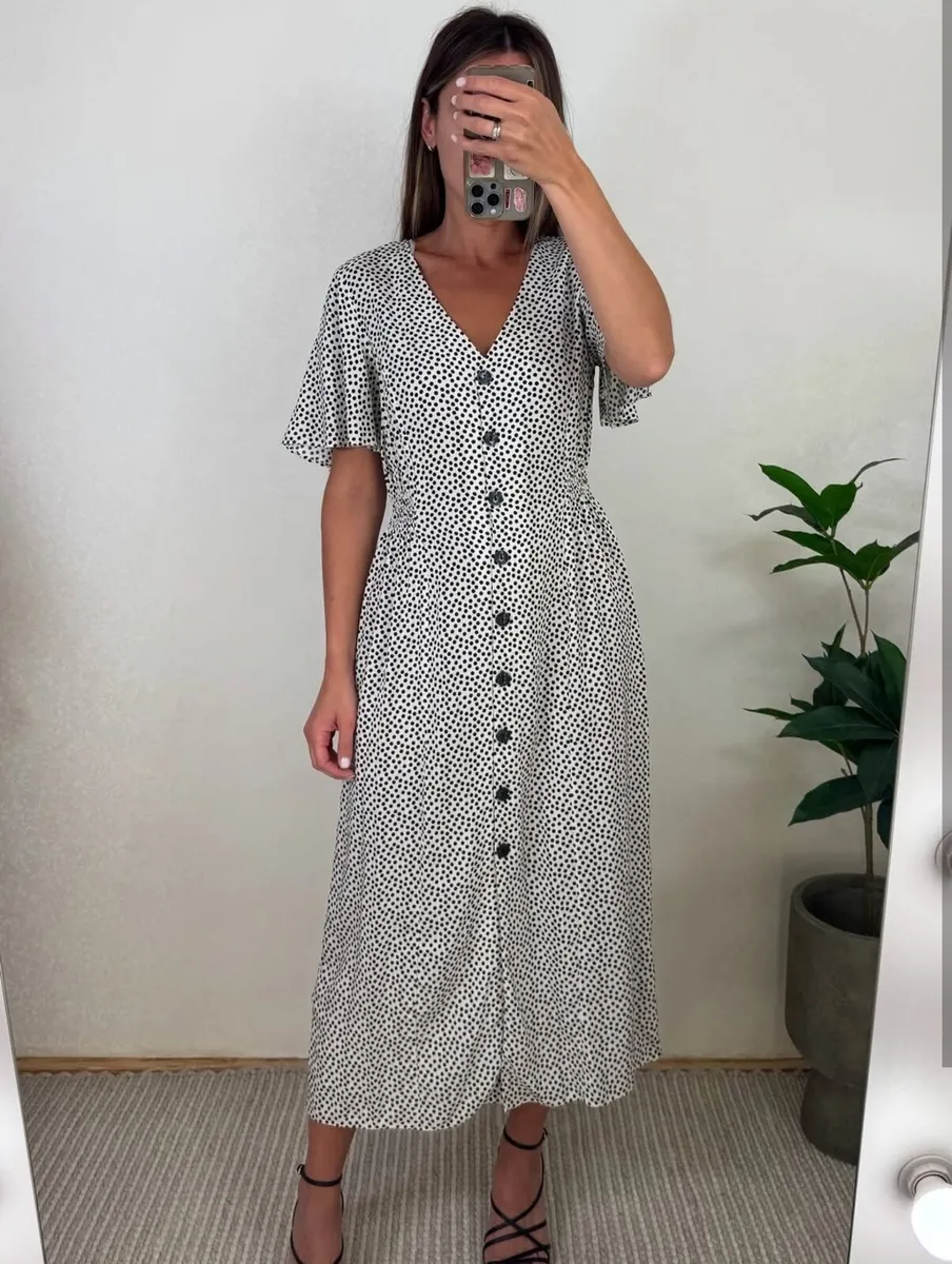 New Look White & Black Polka Dot Midi Dress - Size - Image 1