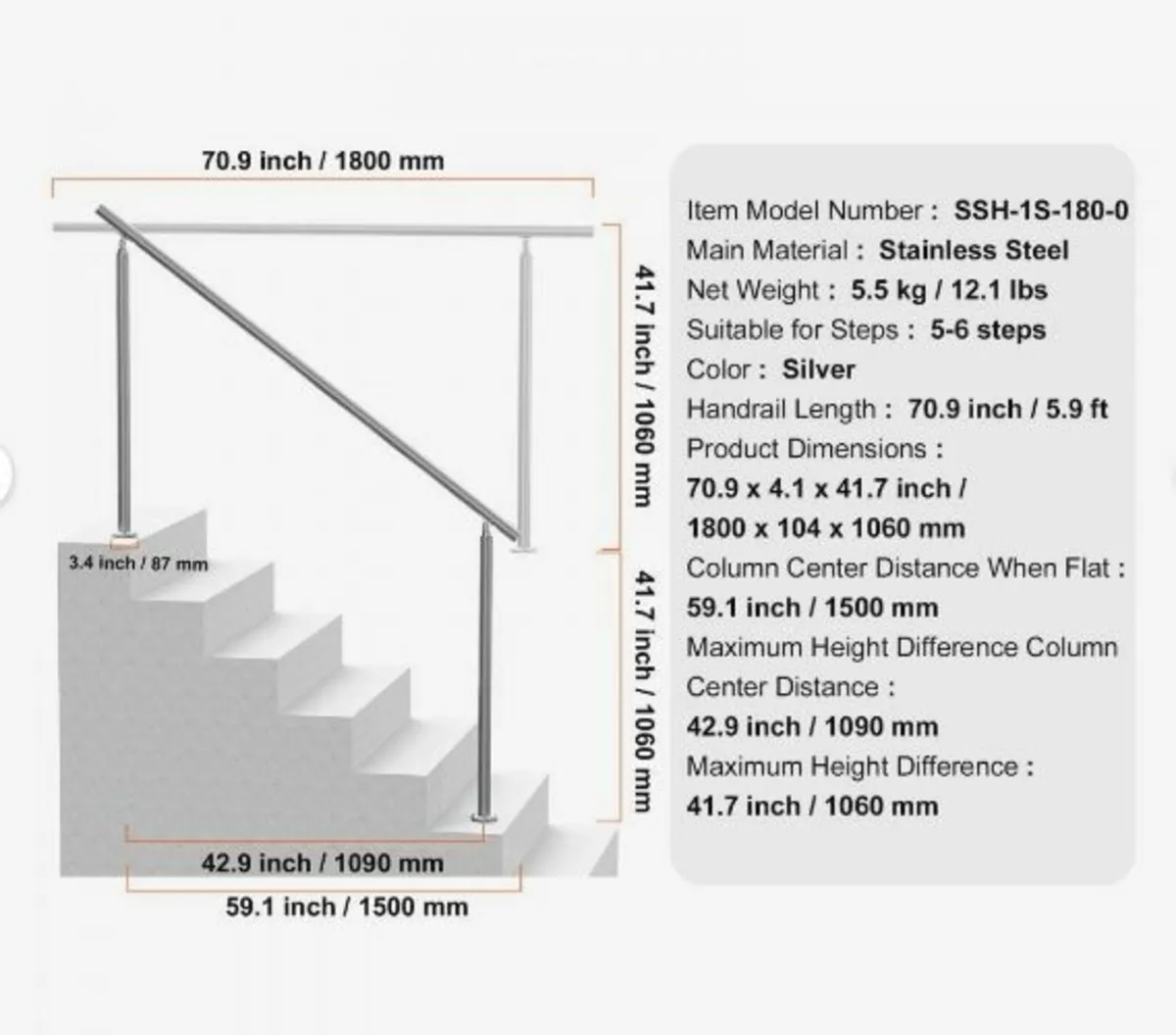 Handrails for Outdoor Steps, 70.9 in/ 180cm - Image 4