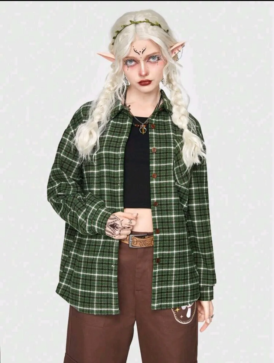 ROMWE Fairycore Plaid & Mushroom Graphic Coat Size - Image 4