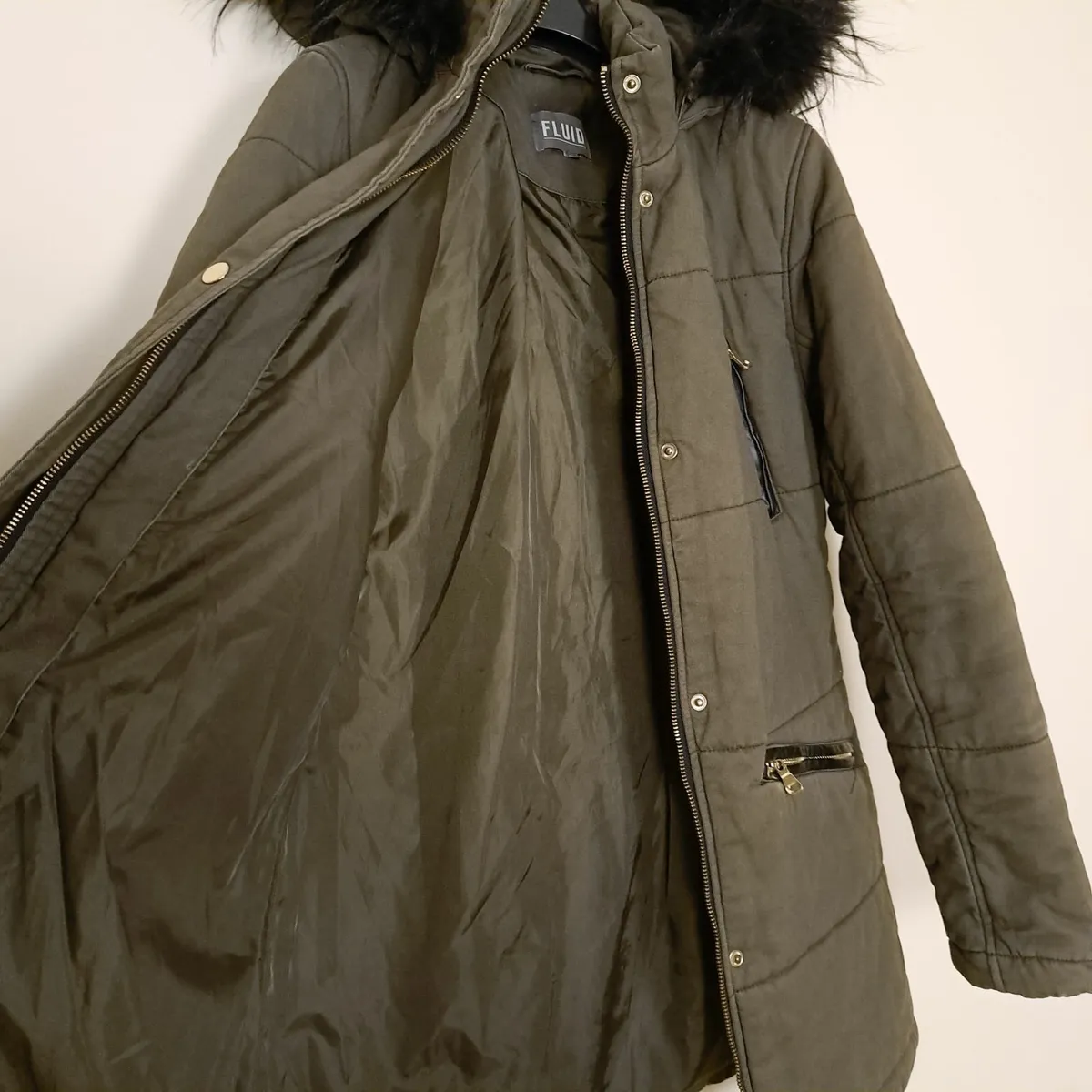 Fluid Khaki Green Faux Fur Hood Puffer Coat 10UK - Image 3