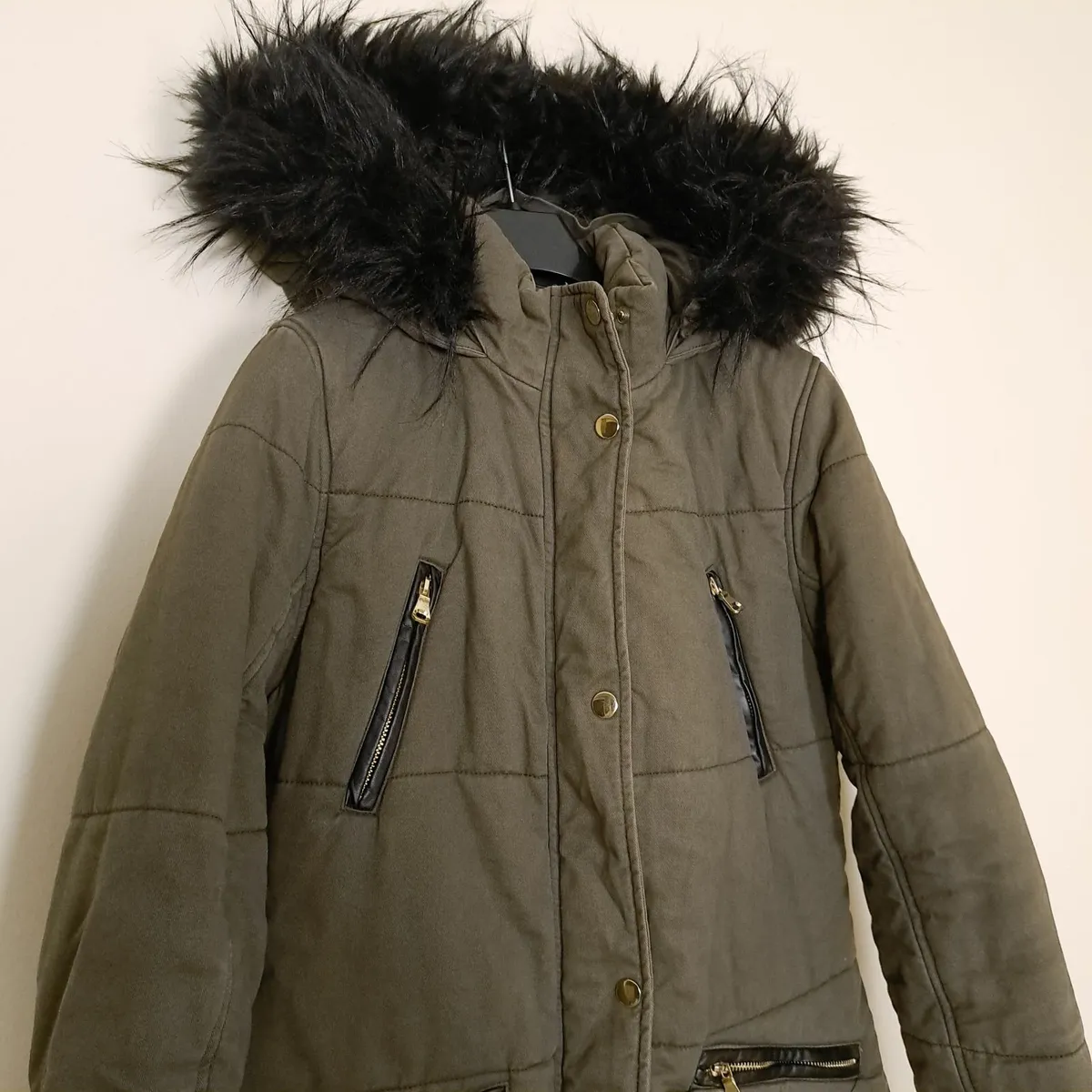 Fluid Khaki Green Faux Fur Hood Puffer Coat 10UK - Image 4