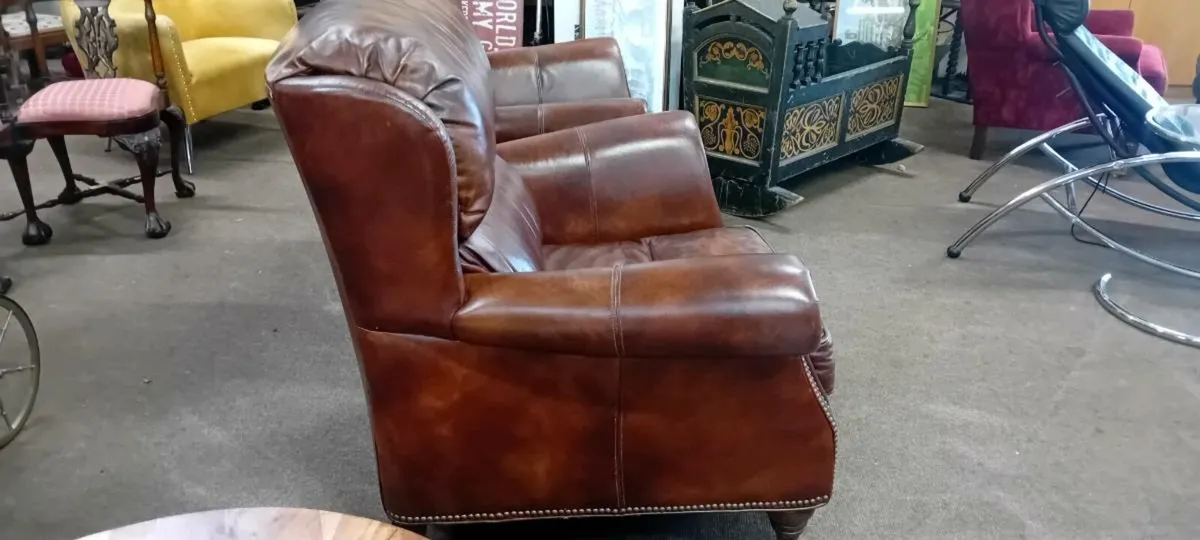 Chestnut Leather Wingback Armchair - Image 2