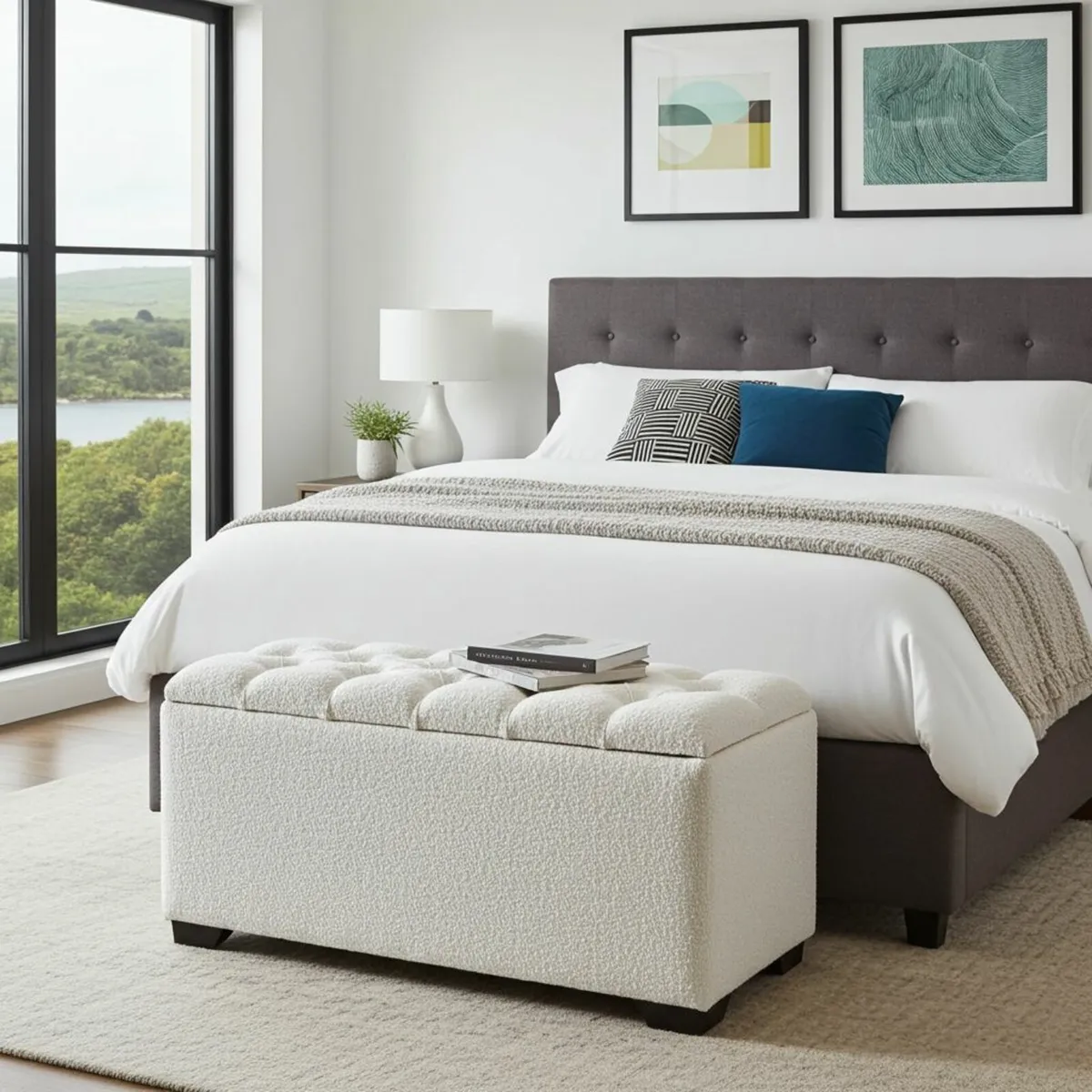 Bouclé Ottoman with Storage 100x40x50cm White - Image 1