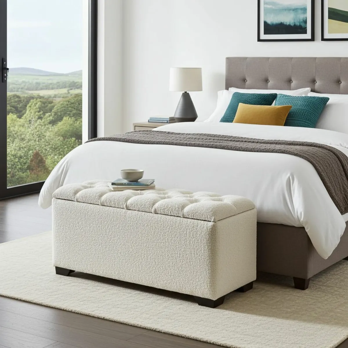 Bouclé Ottoman with Storage 100x40x50cm White - Image 2