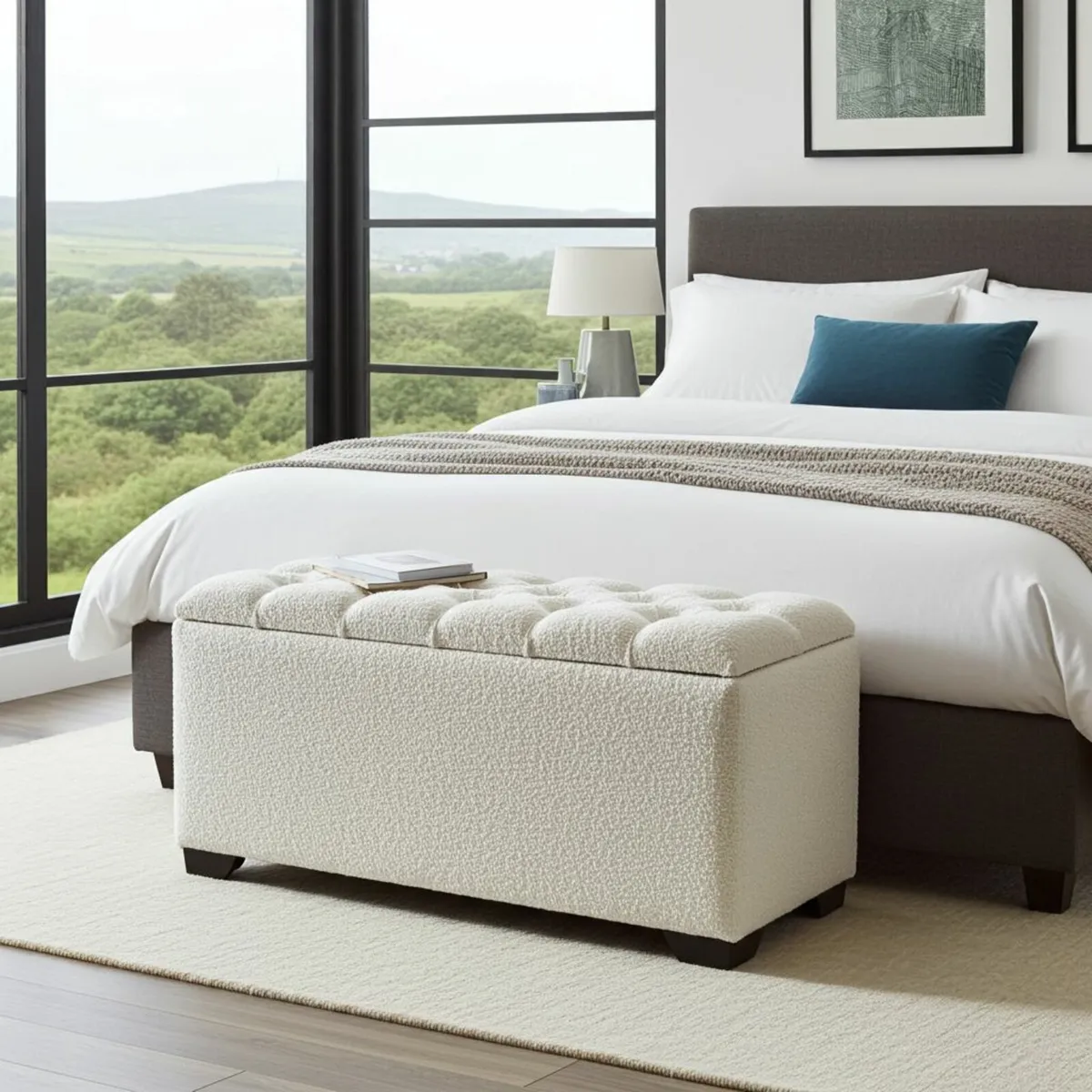 Bouclé Ottoman with Storage 100x40x50cm White - Image 3