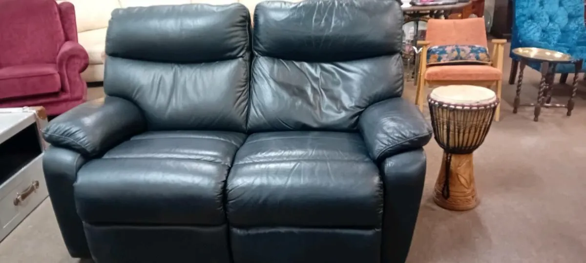 Black Real Leather Two Seat Recliner Sofa - Image 1