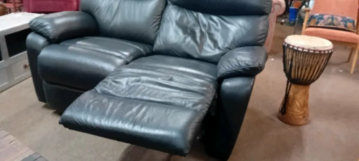 Black Real Leather Two Seat Recliner Sofa - Image 2