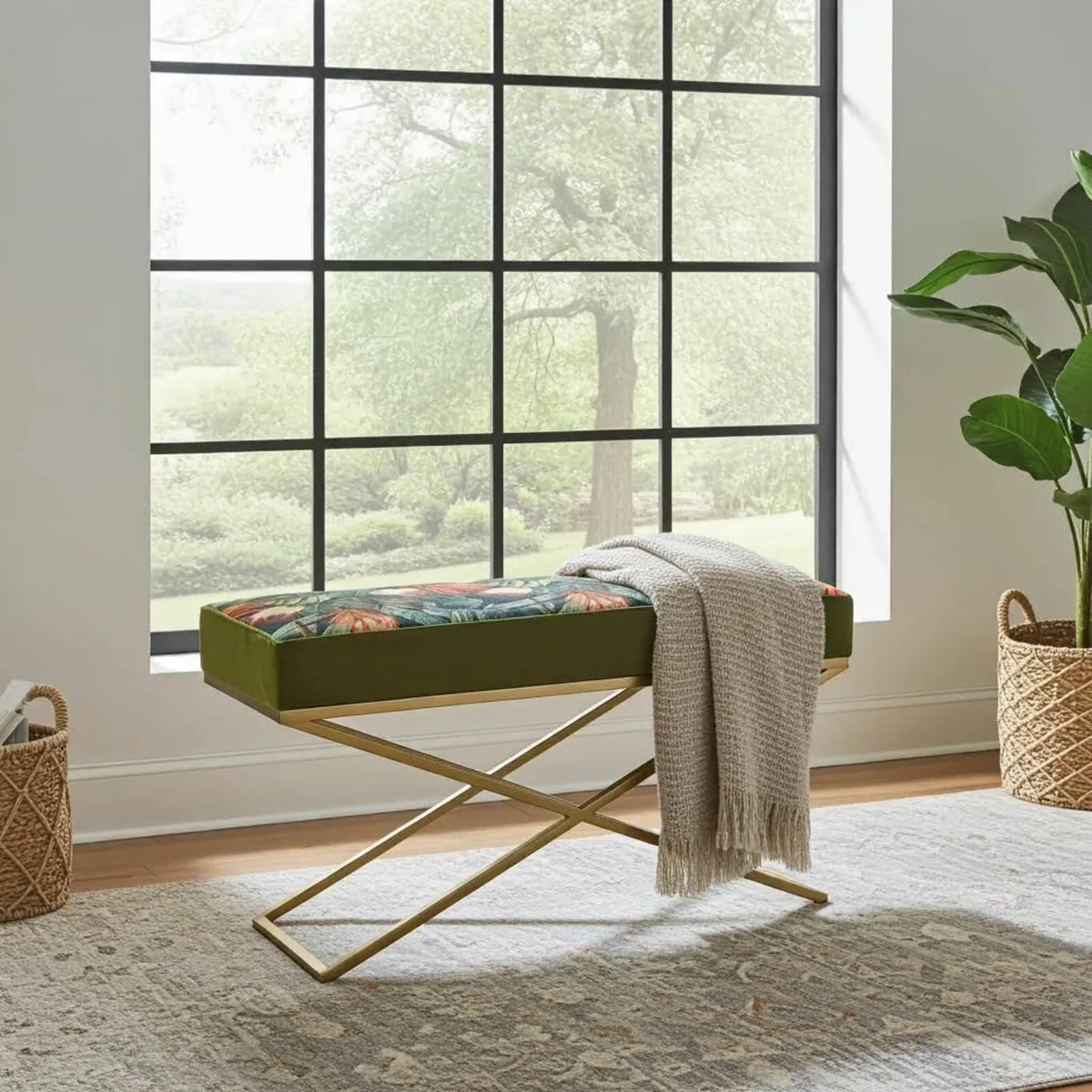 Metal frame x with velvet seat Bench - Image 1