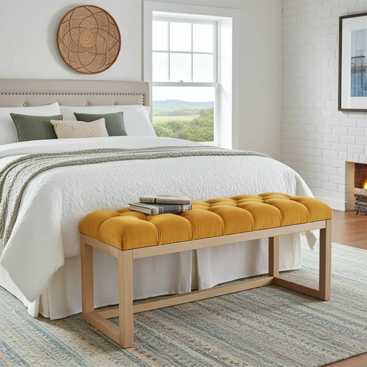 Wooden frame bench with velvet seat - Image 1