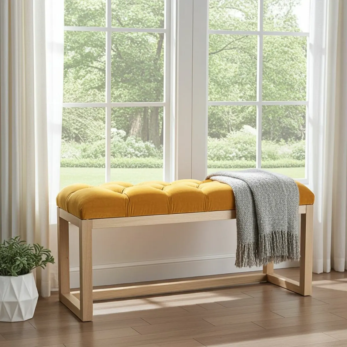Wooden frame bench with velvet seat - Image 2