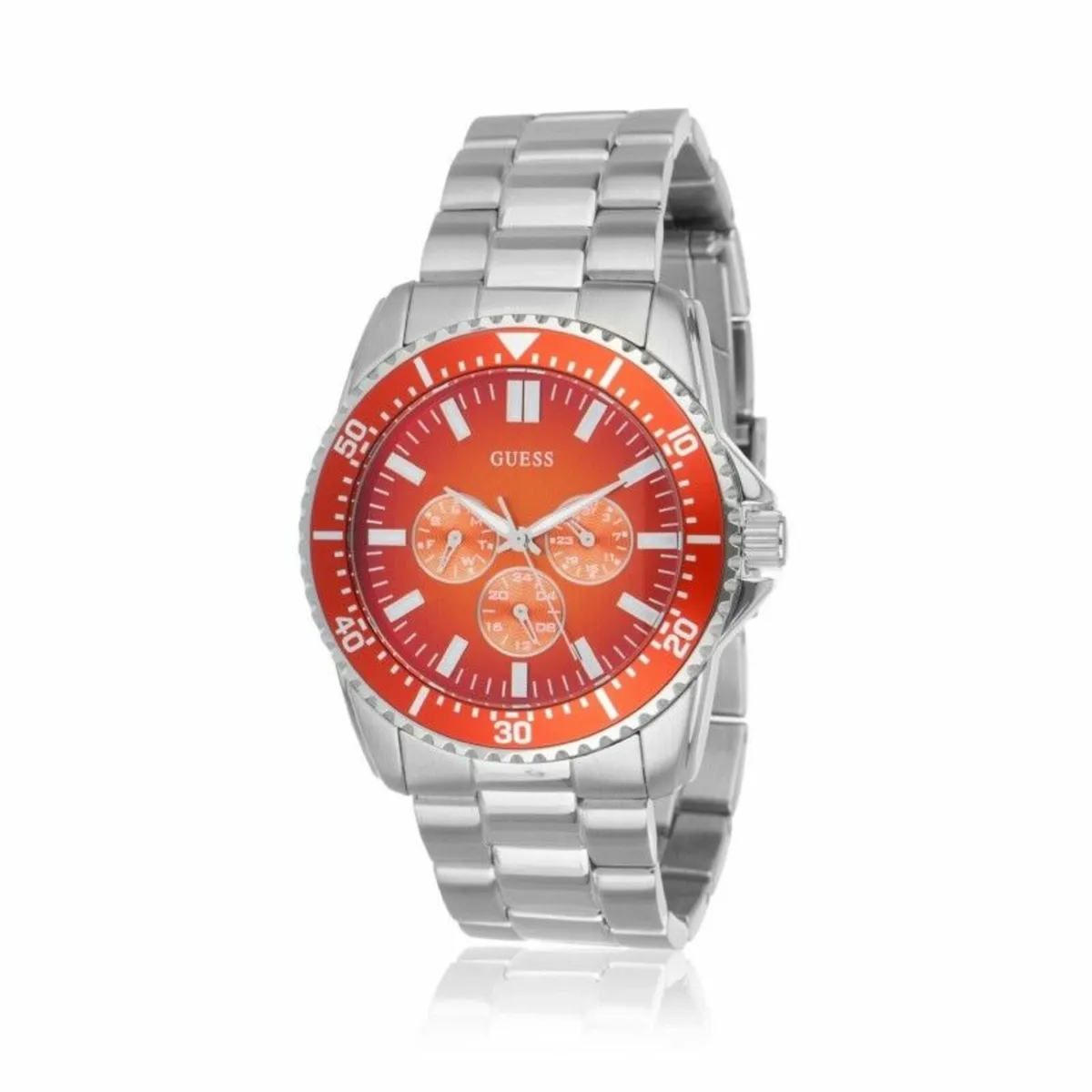 Guess round analog wristwatch with mineral glass.