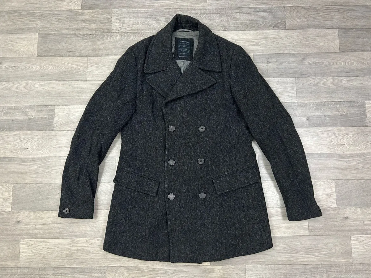 All Saints Wool Herringbone Pea Coat Mens Medium - Image 1