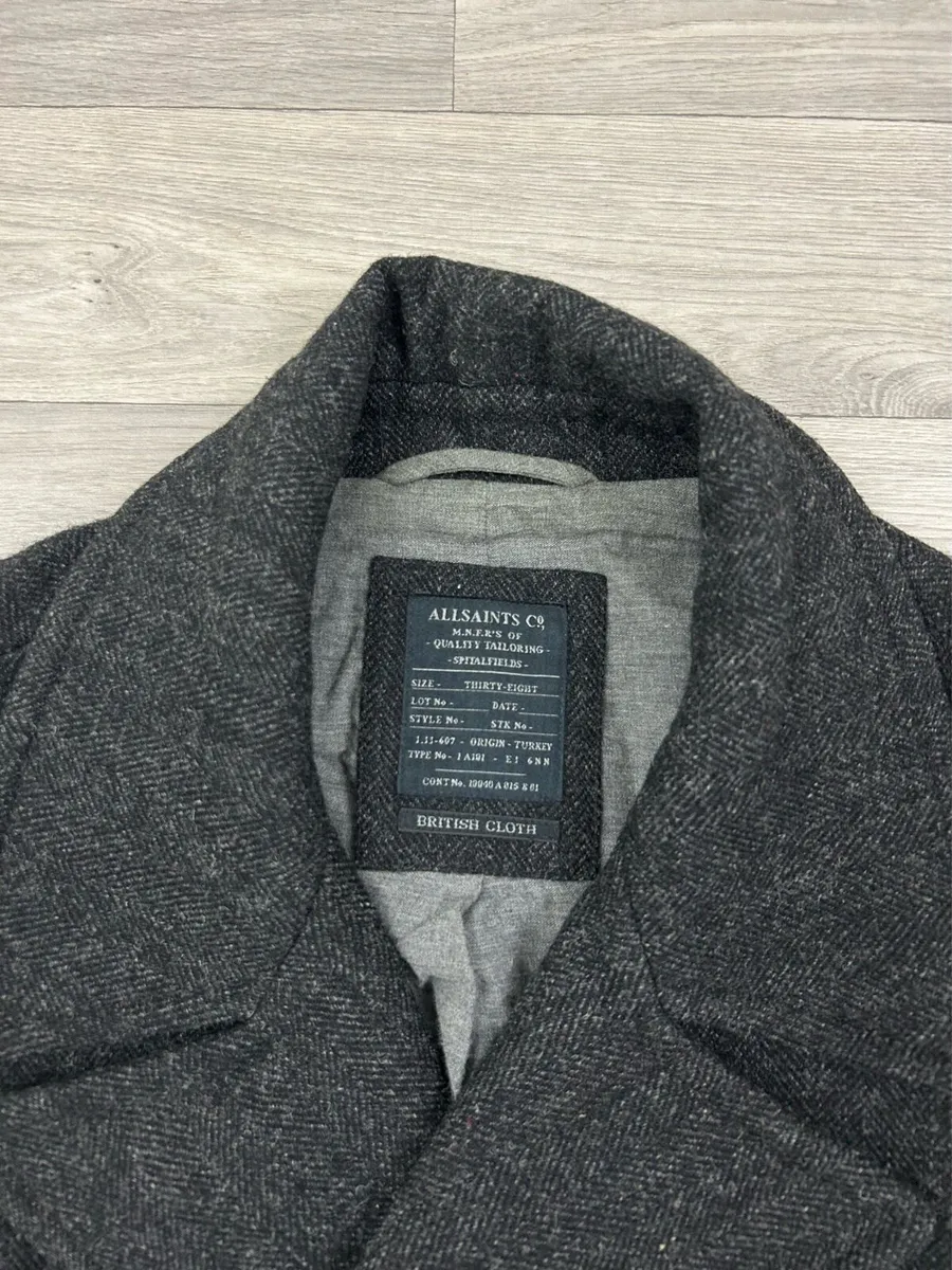 All Saints Wool Herringbone Pea Coat Mens Medium - Image 3
