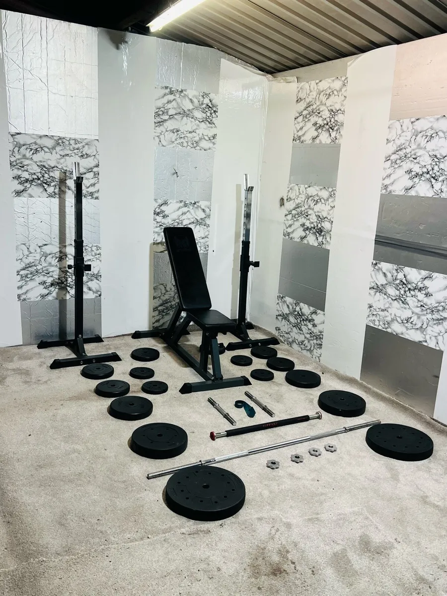 RACK BENCH WITH 70kG WEIGHTS SET BARBELL DUMBBELLS - Image 1